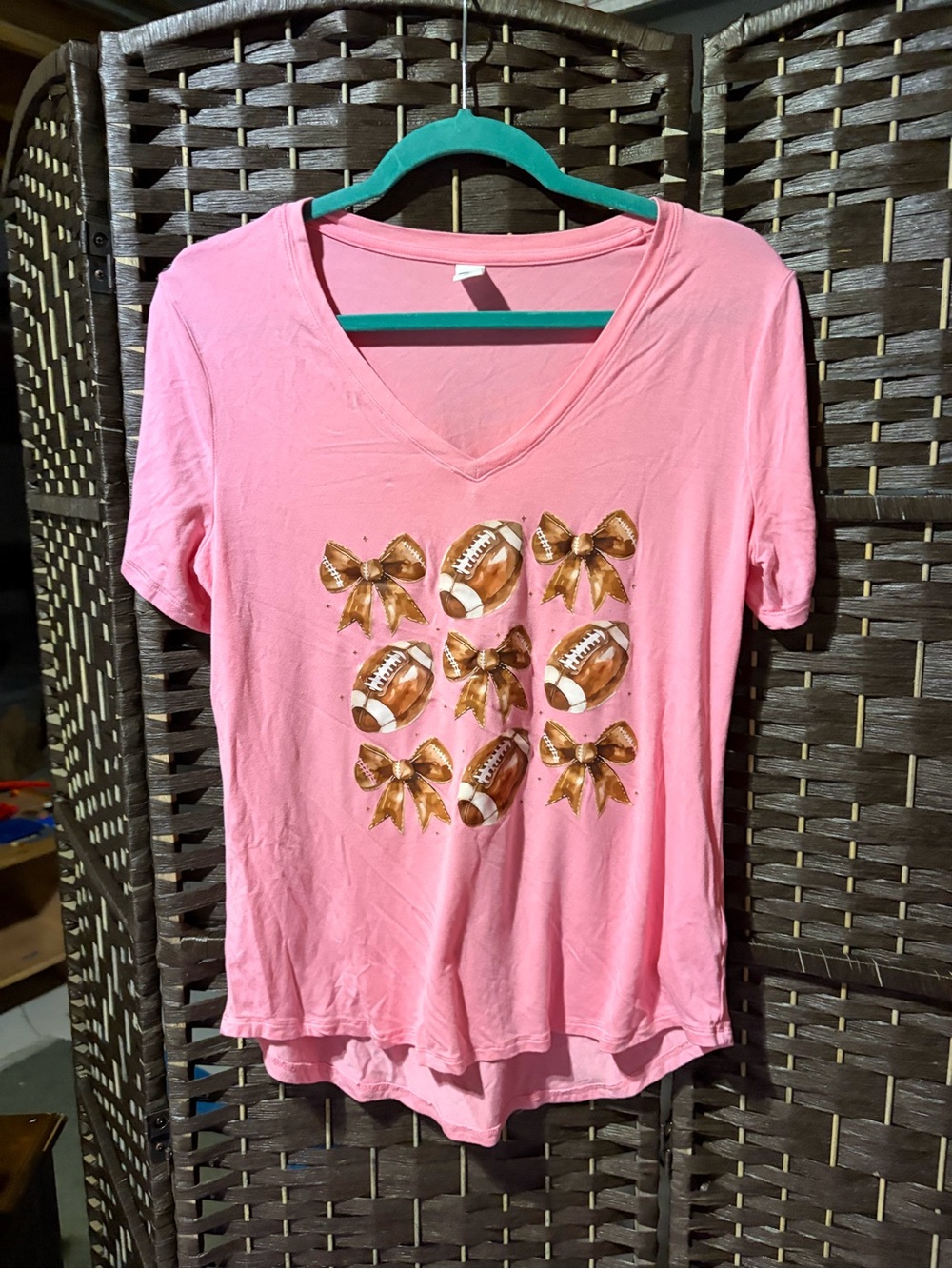 Old Navy Pink V-Neck Tee with Gold Football & Bow Motif